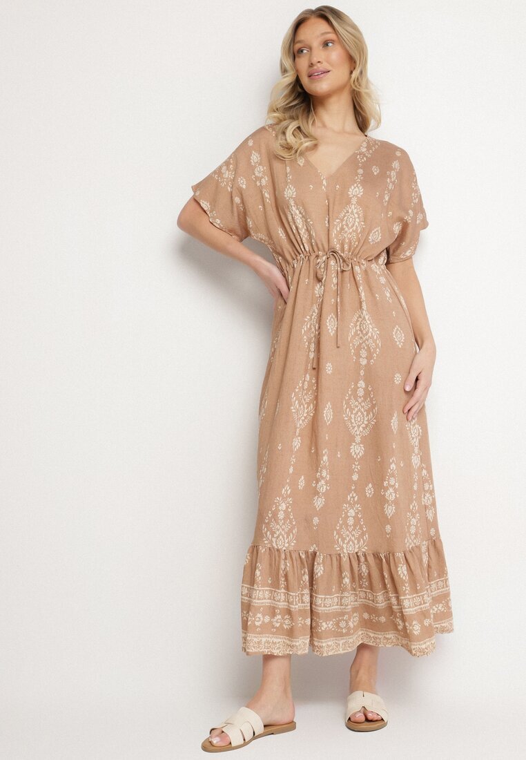 h&s Rochie Bej închis Cloș din Viscoză cu model Boho cu Volan Turaline