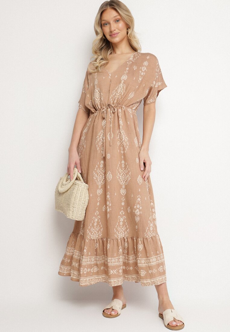h&s Rochie Bej închis Cloș din Viscoză cu model Boho cu Volan Turaline