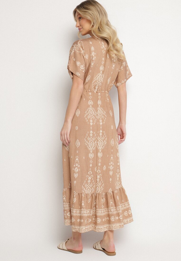 h&s Rochie Bej închis Cloș din Viscoză cu model Boho cu Volan Turaline
