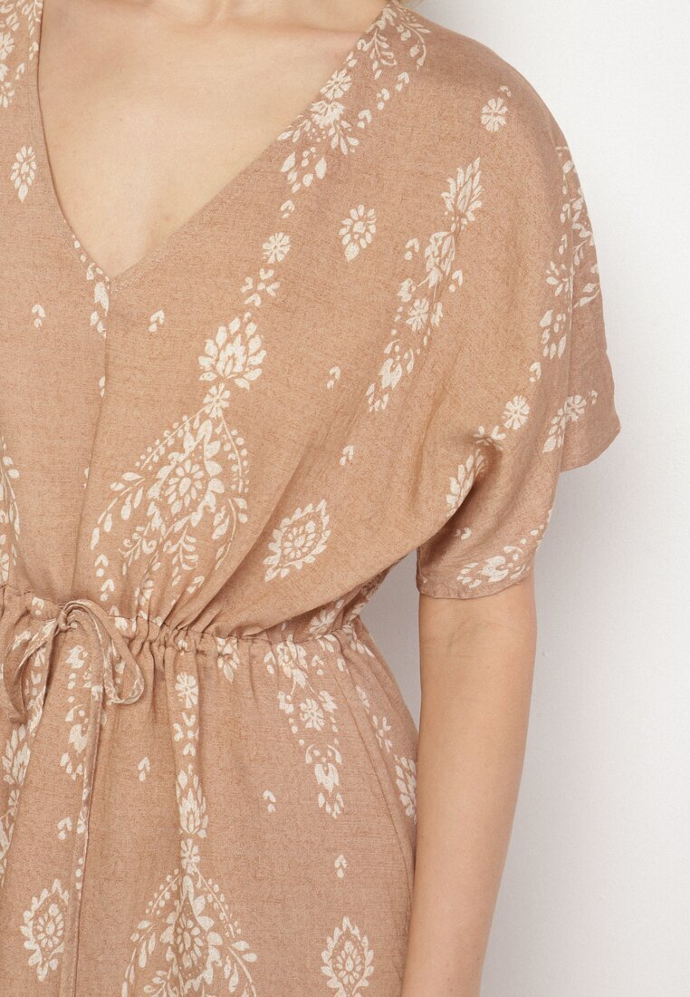 h&s Rochie Bej închis Cloș din Viscoză cu model Boho cu Volan Turaline