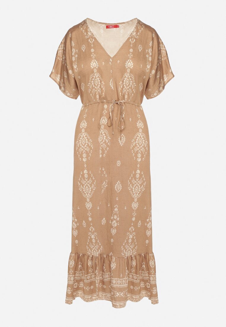 h&s Rochie Bej închis Cloș din Viscoză cu model Boho cu Volan Turaline