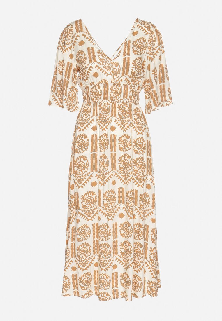 h&s Rochie Bej închis din viscoză evazată cu spatele gol cu imprimeu Boho Turaisa