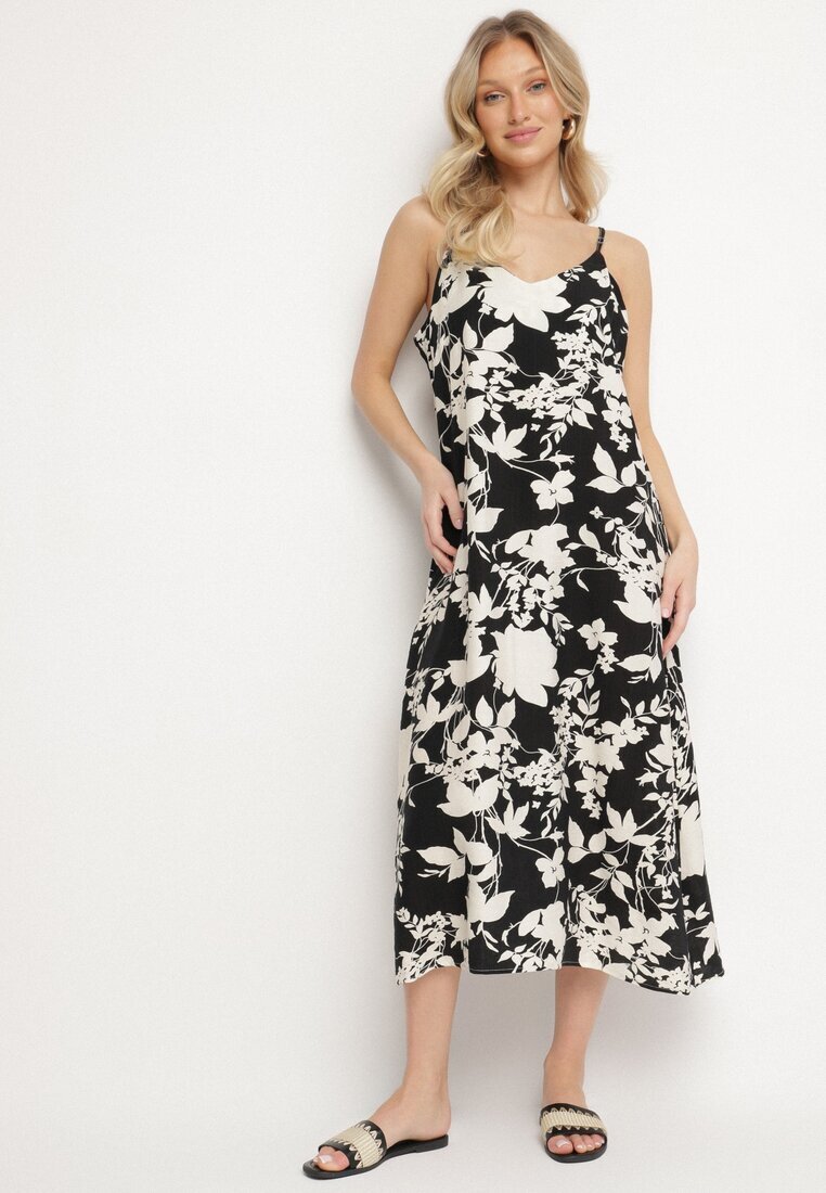 h&s Rochie Evazată Negru-Crem cu Viscoză cu Imprimeu Floral Juliade