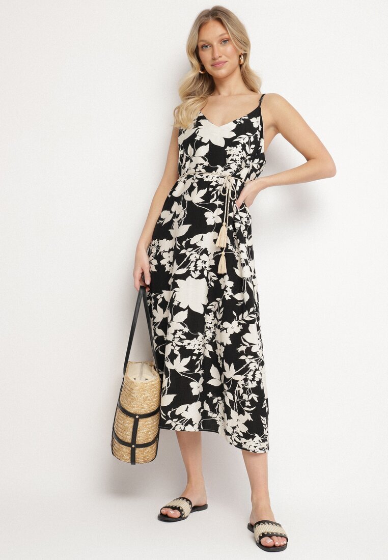 h&s Rochie Evazată Negru-Crem cu Viscoză cu Imprimeu Floral Juliade
