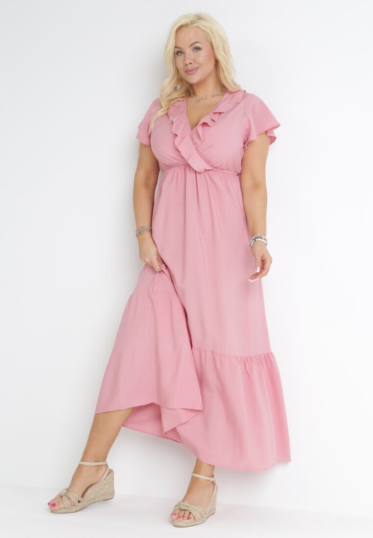 h&s Rochie evazată roz maxi cu elastic în talie și cu volane Aimelia