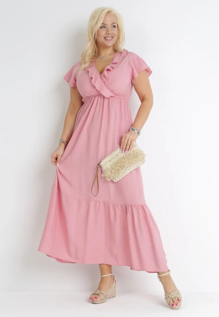 h&s Rochie evazată roz maxi cu elastic în talie și cu volane Aimelia