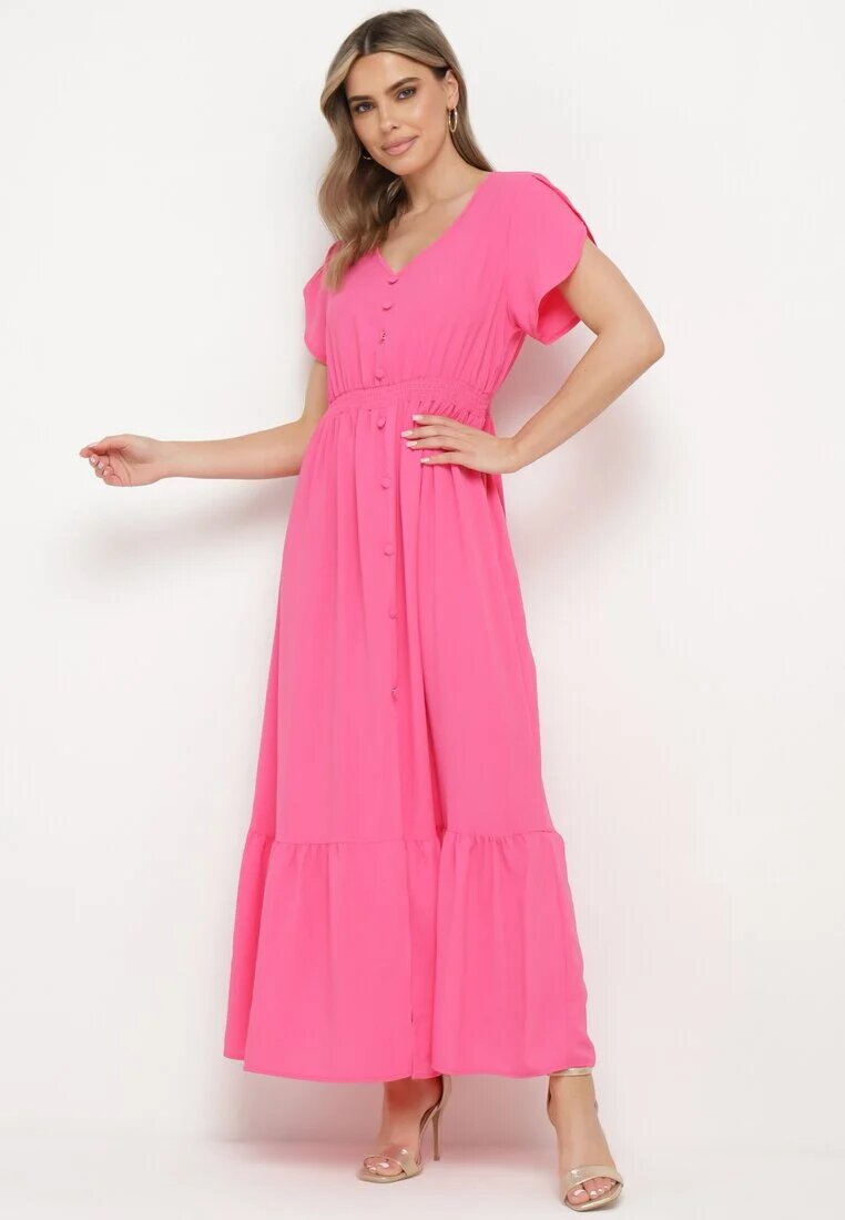 h&s Rochie Fucsia cu Elastice Subțiri în Talie Decorată cu nasturi cu Șliț și Volan Farcia