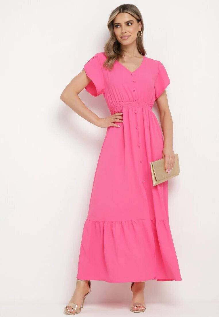 h&s Rochie Fucsia cu Elastice Subțiri în Talie Decorată cu nasturi cu Șliț și Volan Farcia