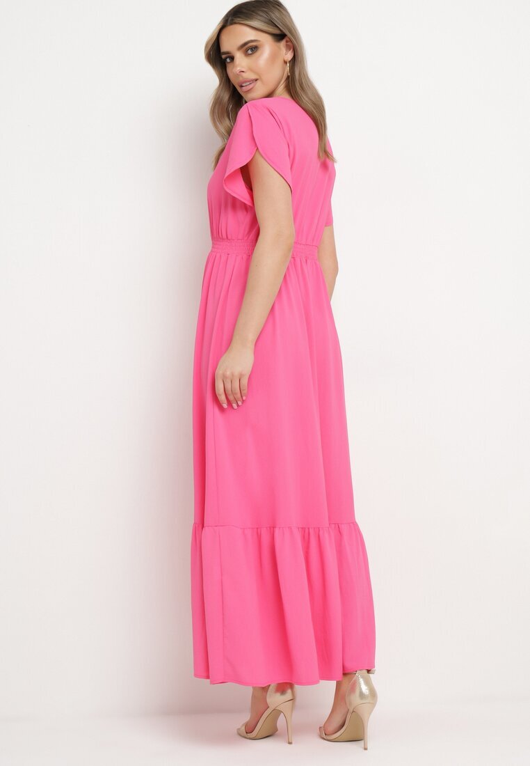 h&s Rochie Fucsia cu Elastice Subțiri în Talie Decorată cu nasturi cu Șliț și Volan Farcia