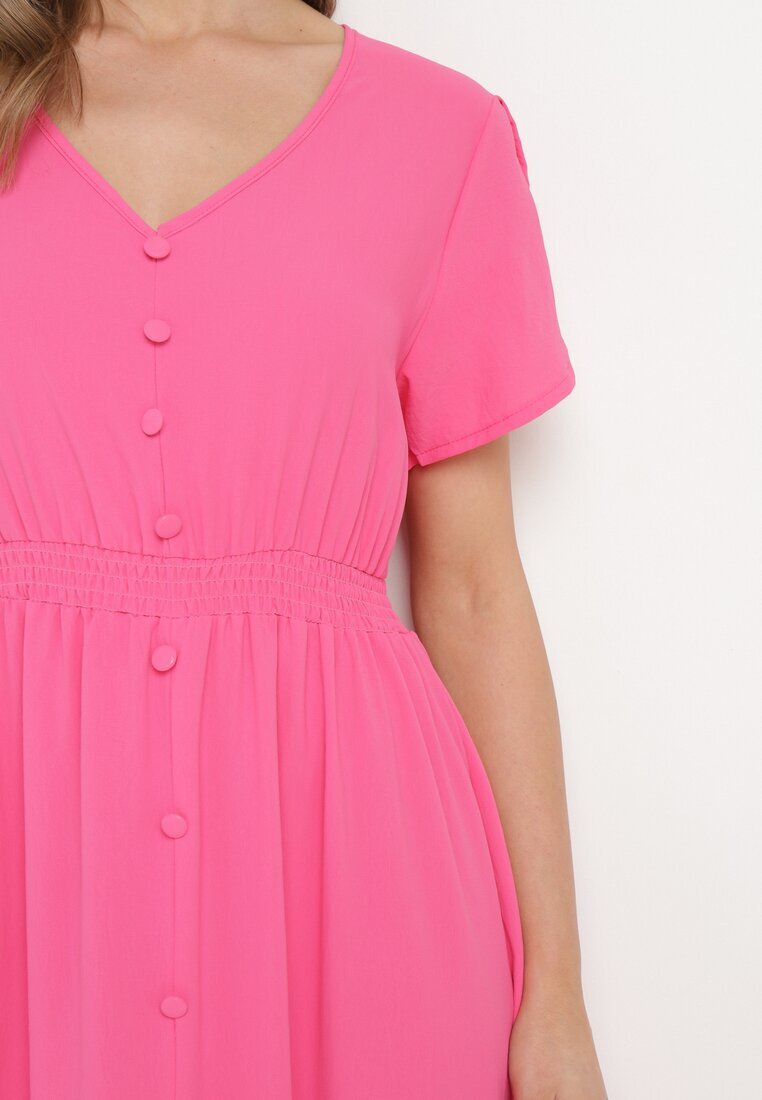 h&s Rochie Fucsia cu Elastice Subțiri în Talie Decorată cu nasturi cu Șliț și Volan Farcia