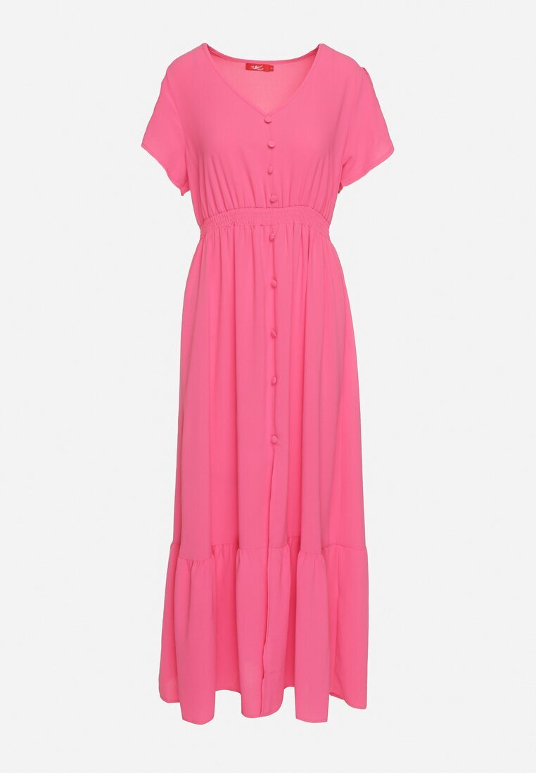 h&s Rochie Fucsia cu Elastice Subțiri în Talie Decorată cu nasturi cu Șliț și Volan Farcia