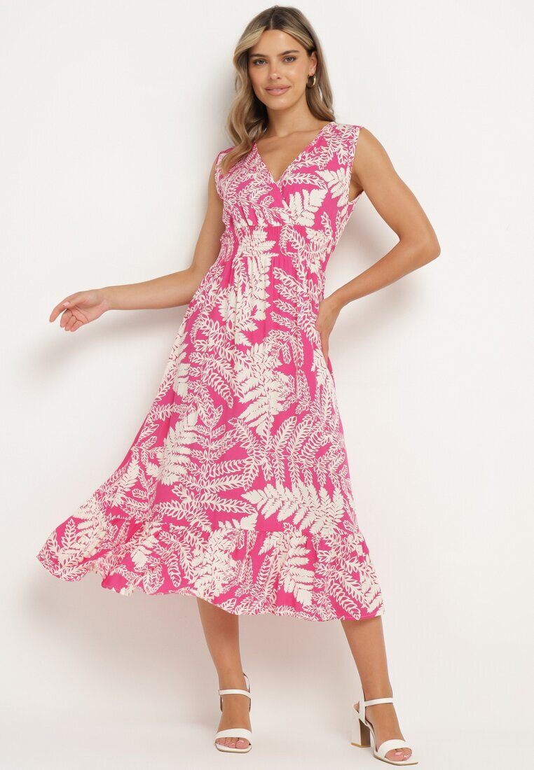 h&s Rochie Fucsia din viscoză cu croială evazată cu elastic în talie și decolteu în V Denesta