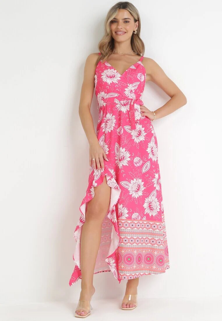 h&s Rochie Fucsia Maxi cu Bretele Subțiri și cu Curea din Material Adakila