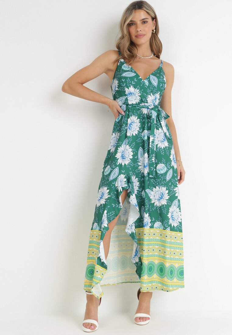 h&s Rochie Maxi Verde închisă pe Bretele Subțiri și Curea din Material Adakila