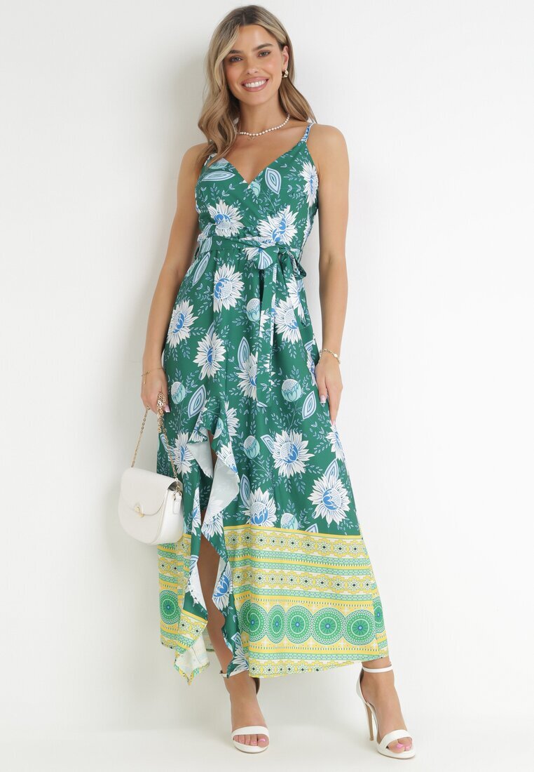 h&s Rochie Maxi Verde închisă pe Bretele Subțiri și Curea din Material Adakila