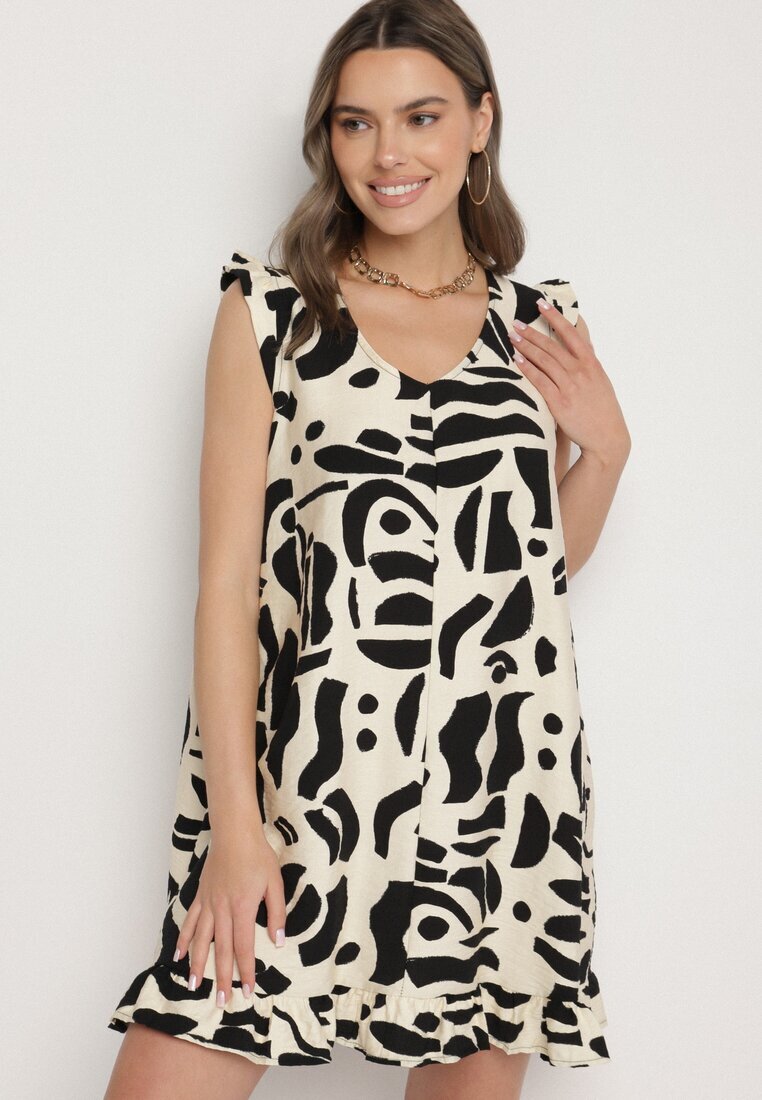 h&s Rochie Neagră cu croi evazat cu decolteu în V cu model abstract Mevondra