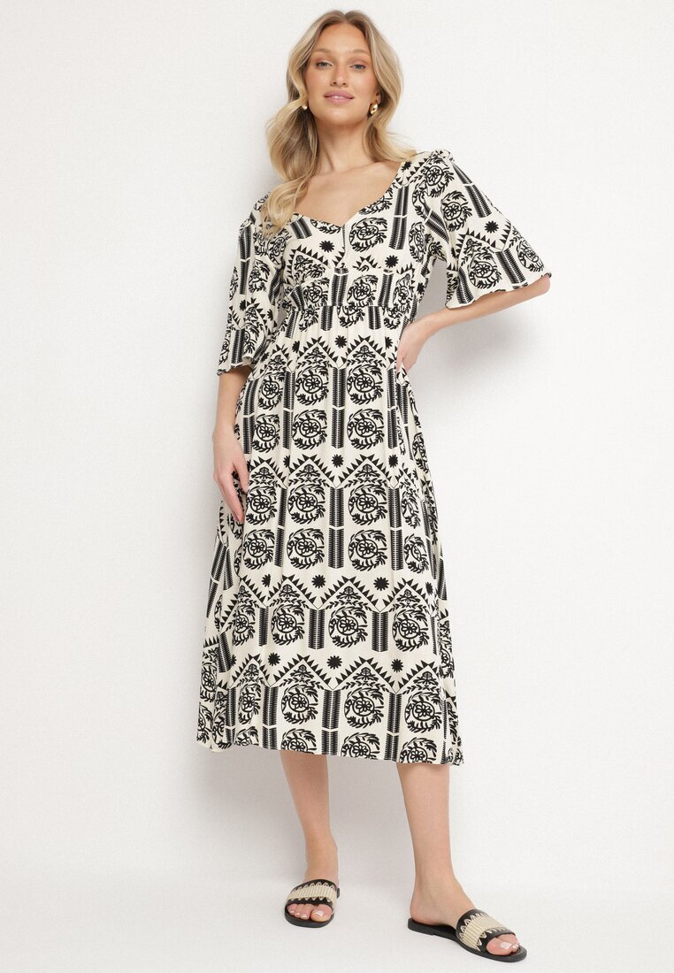 h&s Rochie Negru-Crem Viscoză Evazată cu Spatele Decupat cu Imprimeu Boho Turaisa