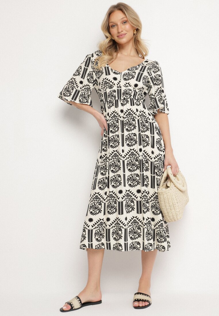 h&s Rochie Negru-Crem Viscoză Evazată cu Spatele Decupat cu Imprimeu Boho Turaisa