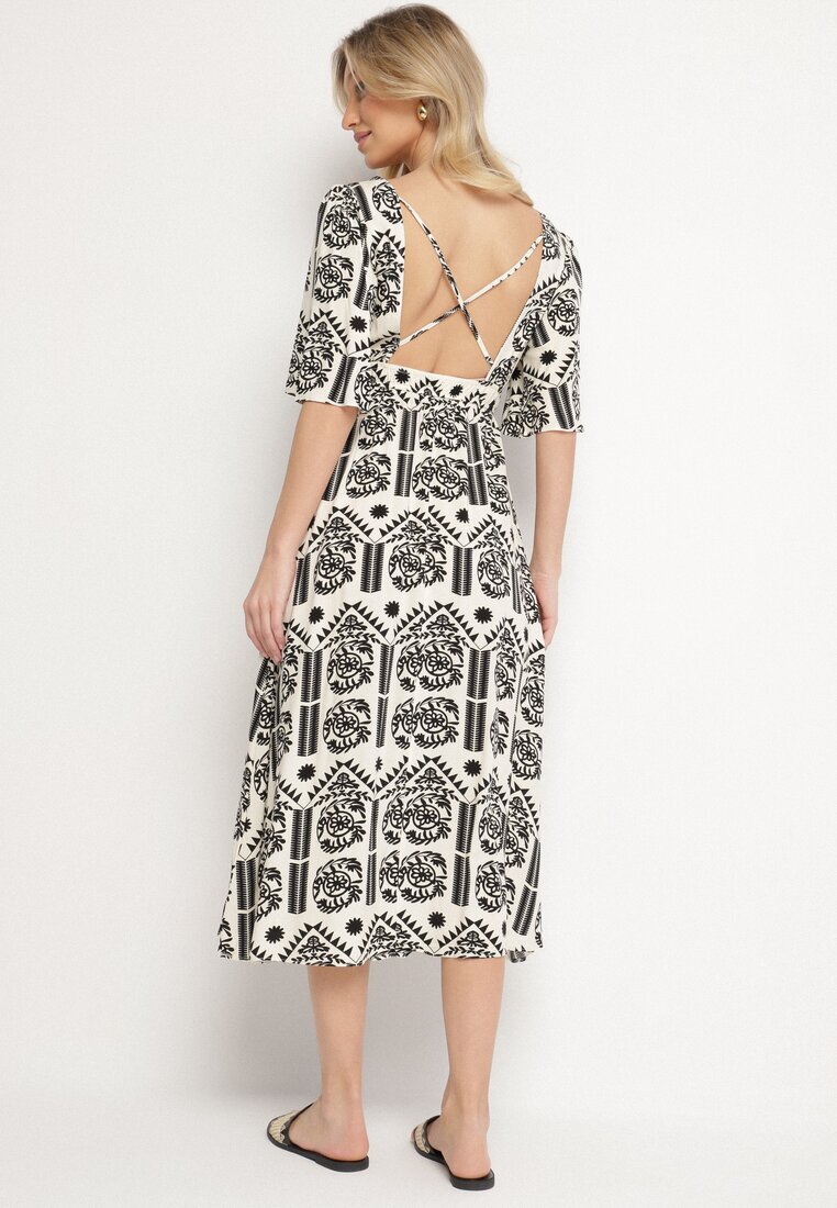 h&s Rochie Negru-Crem Viscoză Evazată cu Spatele Decupat cu Imprimeu Boho Turaisa