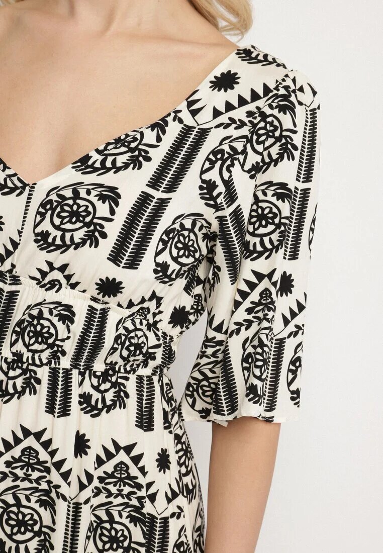 h&s Rochie Negru-Crem Viscoză Evazată cu Spatele Decupat cu Imprimeu Boho Turaisa