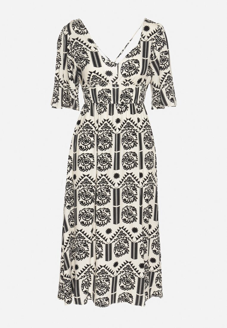 h&s Rochie Negru-Crem Viscoză Evazată cu Spatele Decupat cu Imprimeu Boho Turaisa