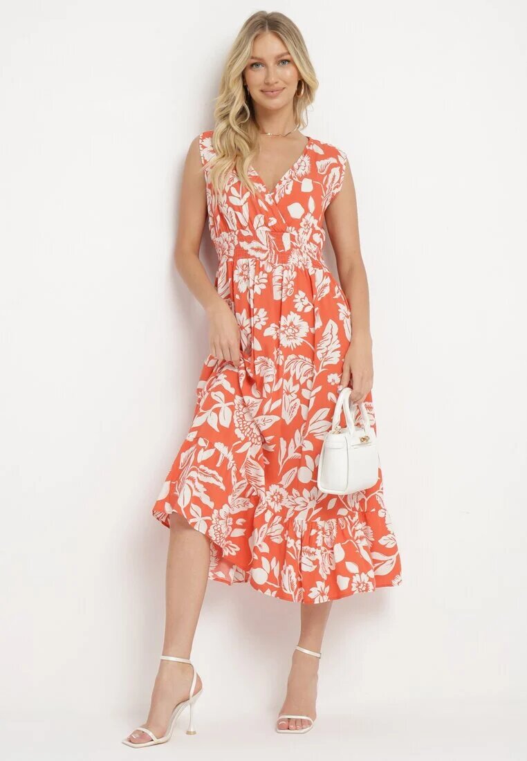 h&s Rochie Portocalie Cloș din Viscoză cu Imprimeu Floral și Elastic în Talie Eranea