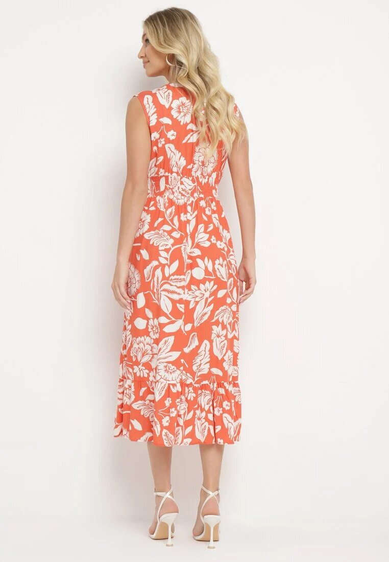 h&s Rochie Portocalie Cloș din Viscoză cu Imprimeu Floral și Elastic în Talie Eranea