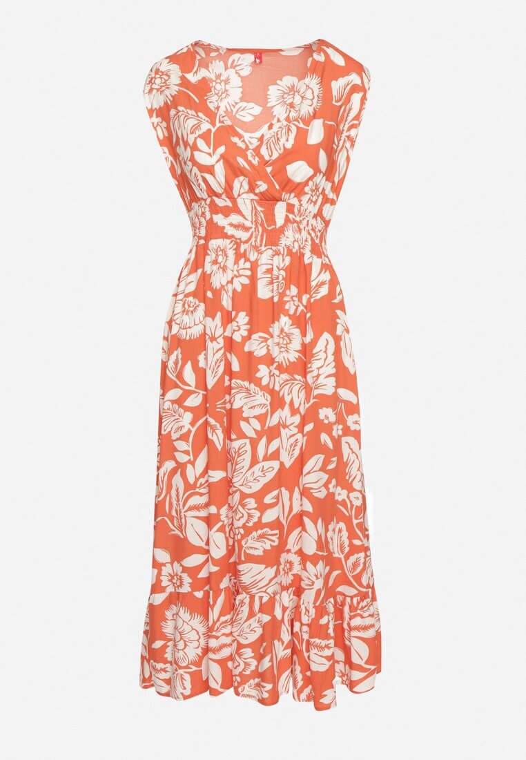 h&s Rochie Portocalie Cloș din Viscoză cu Imprimeu Floral și Elastic în Talie Eranea