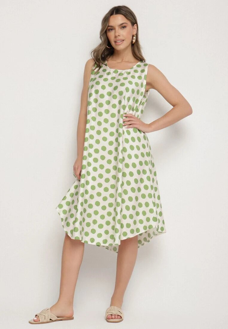 h&s Rochie Verde-bej cu croială tip cutie fără mâneci cu buline Fevasine