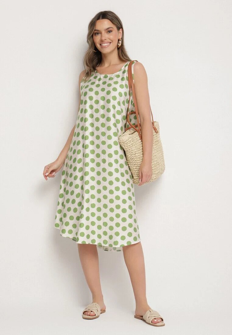 h&s Rochie Verde-bej cu croială tip cutie fără mâneci cu buline Fevasine