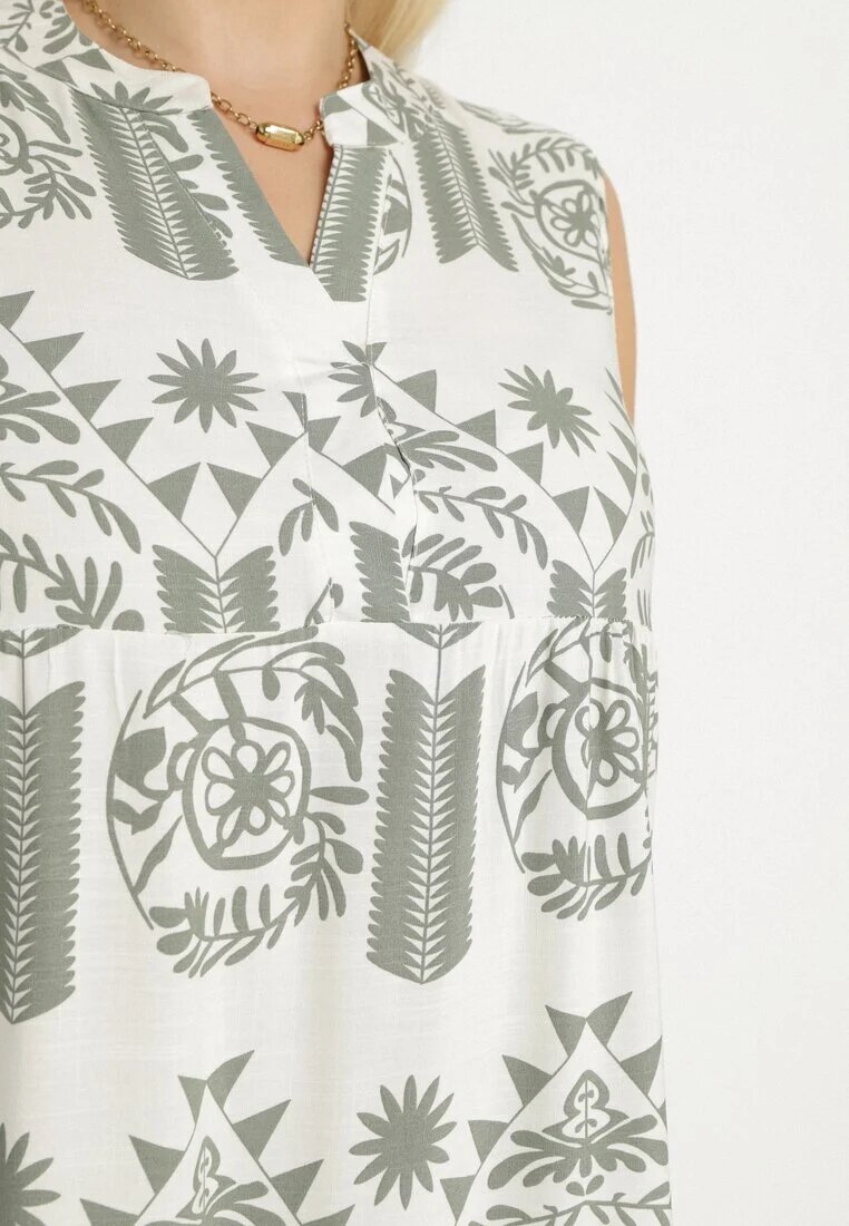 h&s Rochie Verde-Crem Evazată Fără Mâneci Model Etnic Revarise