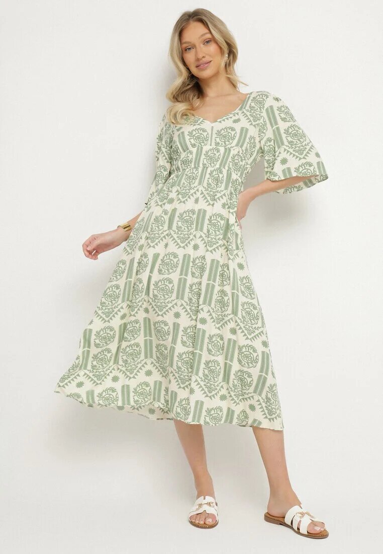 h&s Rochie Verde-Crem Viscoză Cloș cu Spatele Decupat cu Imprimeu Boho Turaisa