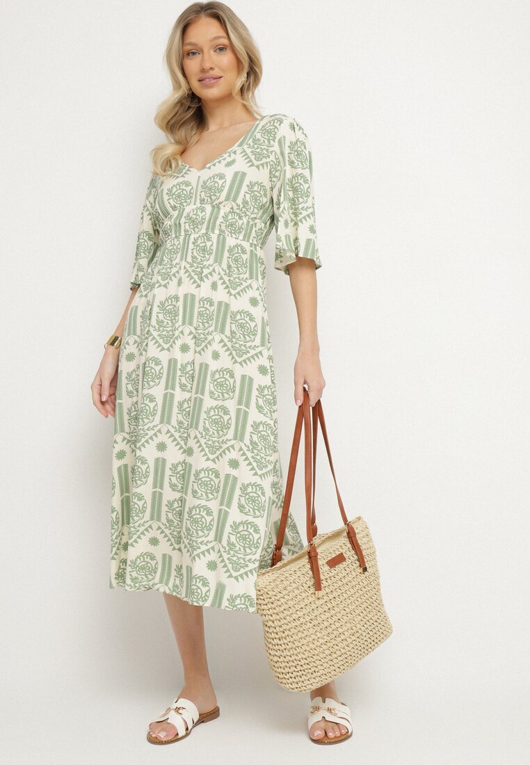 h&s Rochie Verde-Crem Viscoză Cloș cu Spatele Decupat cu Imprimeu Boho Turaisa