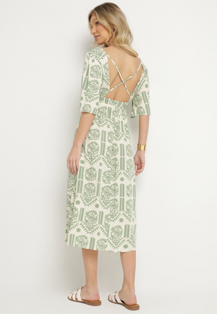 h&s Rochie Verde-Crem Viscoză Cloș cu Spatele Decupat cu Imprimeu Boho Turaisa