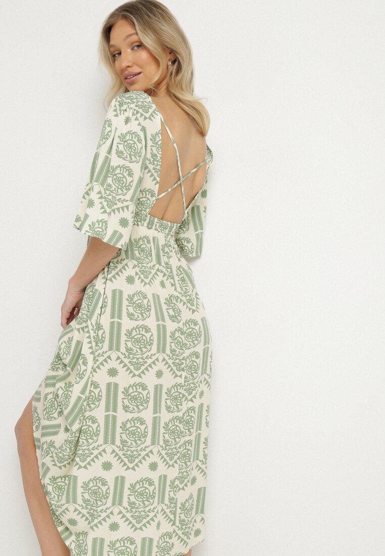 h&s Rochie Verde-Crem Viscoză Cloș cu Spatele Decupat cu Imprimeu Boho Turaisa