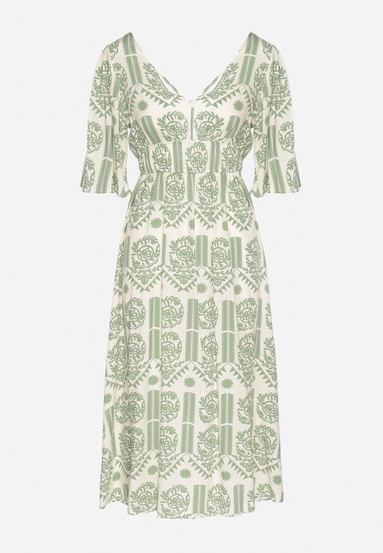 h&s Rochie Verde-Crem Viscoză Cloș cu Spatele Decupat cu Imprimeu Boho Turaisa