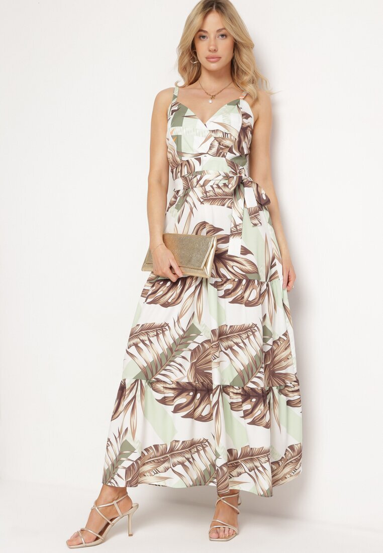 h&s Rochie verde deschis cu bretele cu decolteu petrecut și motiv floral Obilena