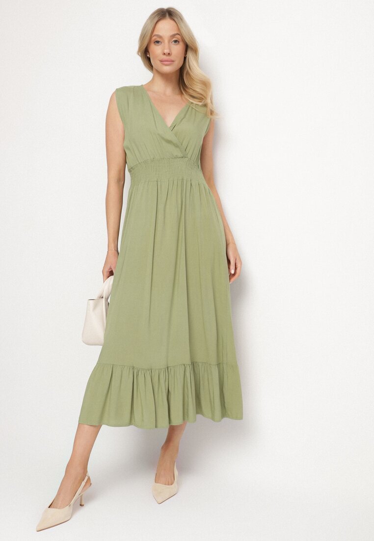 h&s Rochie Verde Din Viscoză cu Croi Petrecut cu Volănaș Uliria