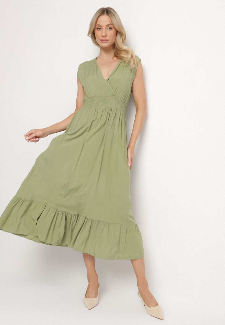 h&s Rochie Verde Din Viscoză cu Croi Petrecut cu Volănaș Uliria