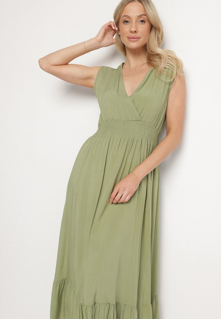 h&s Rochie Verde Din Viscoză cu Croi Petrecut cu Volănaș Uliria