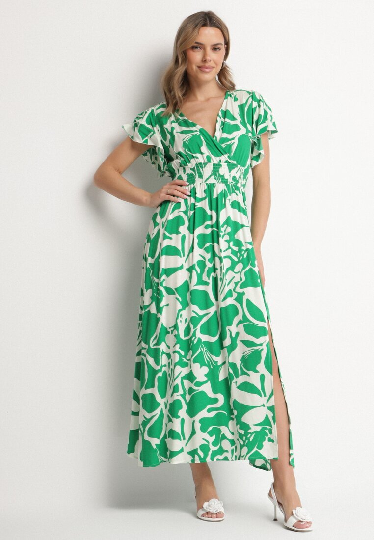 h&s Rochie Verde din Viscoză cu Decolteu Petrecut cu Imprimeu Abstract Taslevi