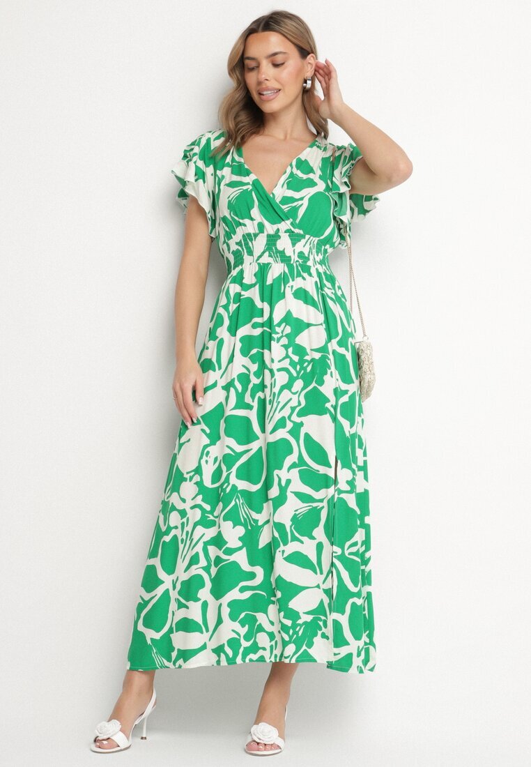 h&s Rochie Verde din Viscoză cu Decolteu Petrecut cu Imprimeu Abstract Taslevi