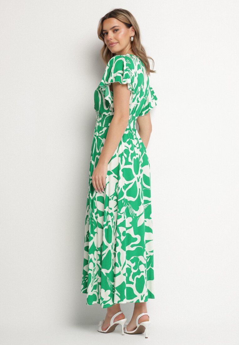h&s Rochie Verde din Viscoză cu Decolteu Petrecut cu Imprimeu Abstract Taslevi