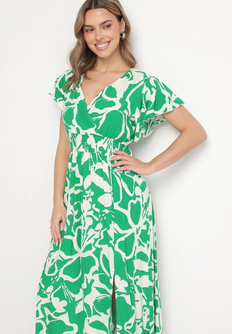 h&s Rochie Verde din Viscoză cu Decolteu Petrecut cu Imprimeu Abstract Taslevi