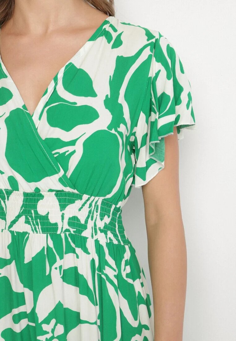 h&s Rochie Verde din Viscoză cu Decolteu Petrecut cu Imprimeu Abstract Taslevi