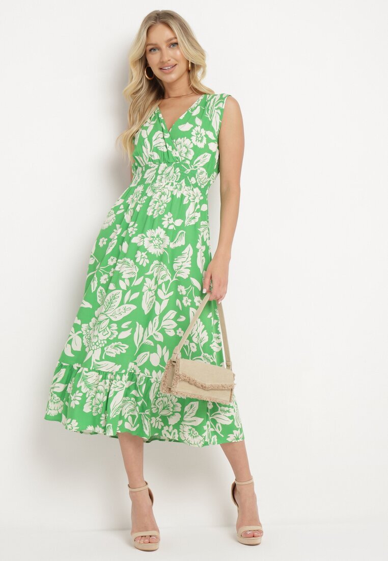 h&s Rochie Verde Evazată din Viscoză Florală cu elastic în talie Eranea