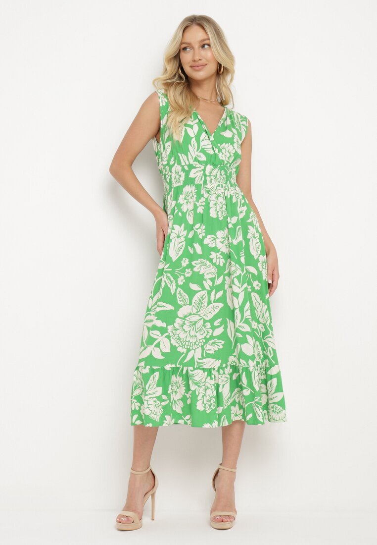h&s Rochie Verde Evazată din Viscoză Florală cu elastic în talie Eranea