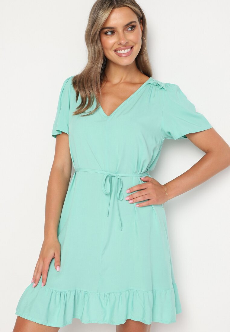 h&s Rochie Verde Tip Cutie cu Volan Legată în Talie Bredela