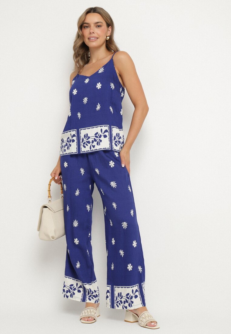 h&s Set bleumarin din vâscoză Maiou cu bretele și Pantaloni cu imprimeu floral Adisira