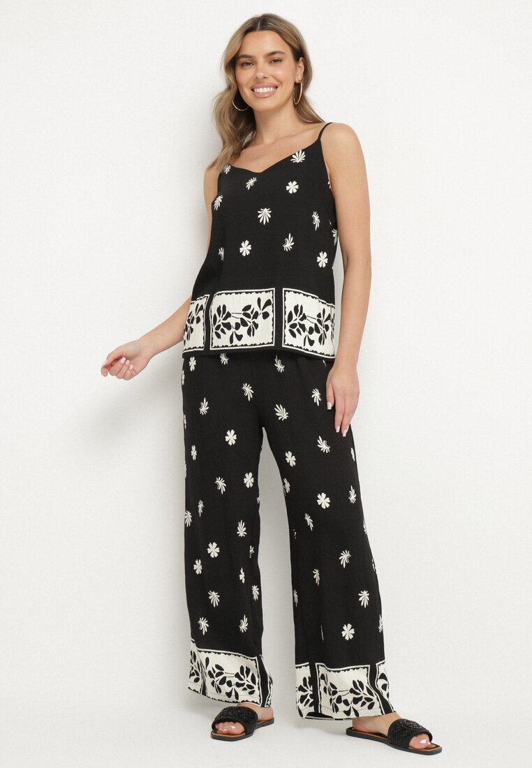 h&s Set Negru Din Viscoză Tricou cu bretele și Pantaloni cu flori Adisira